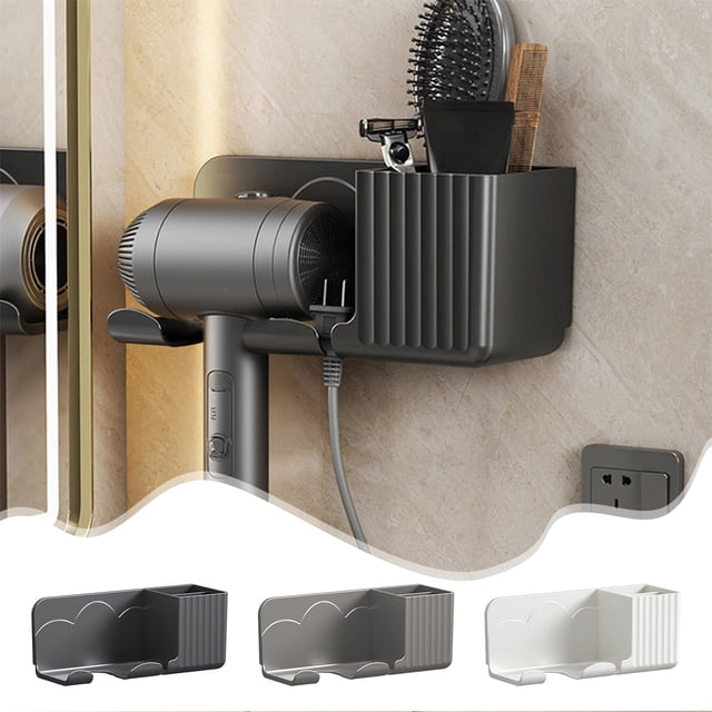 Soporte de Pared para Secador de Pelo Negro con Rejillas de Almacenamiento | Material: Plástico | Medidas: 23 X 10 X 8,2 Cm | 3 Compartimentos | No Requiere Perforación | Peso: 220 G | Resistente y a