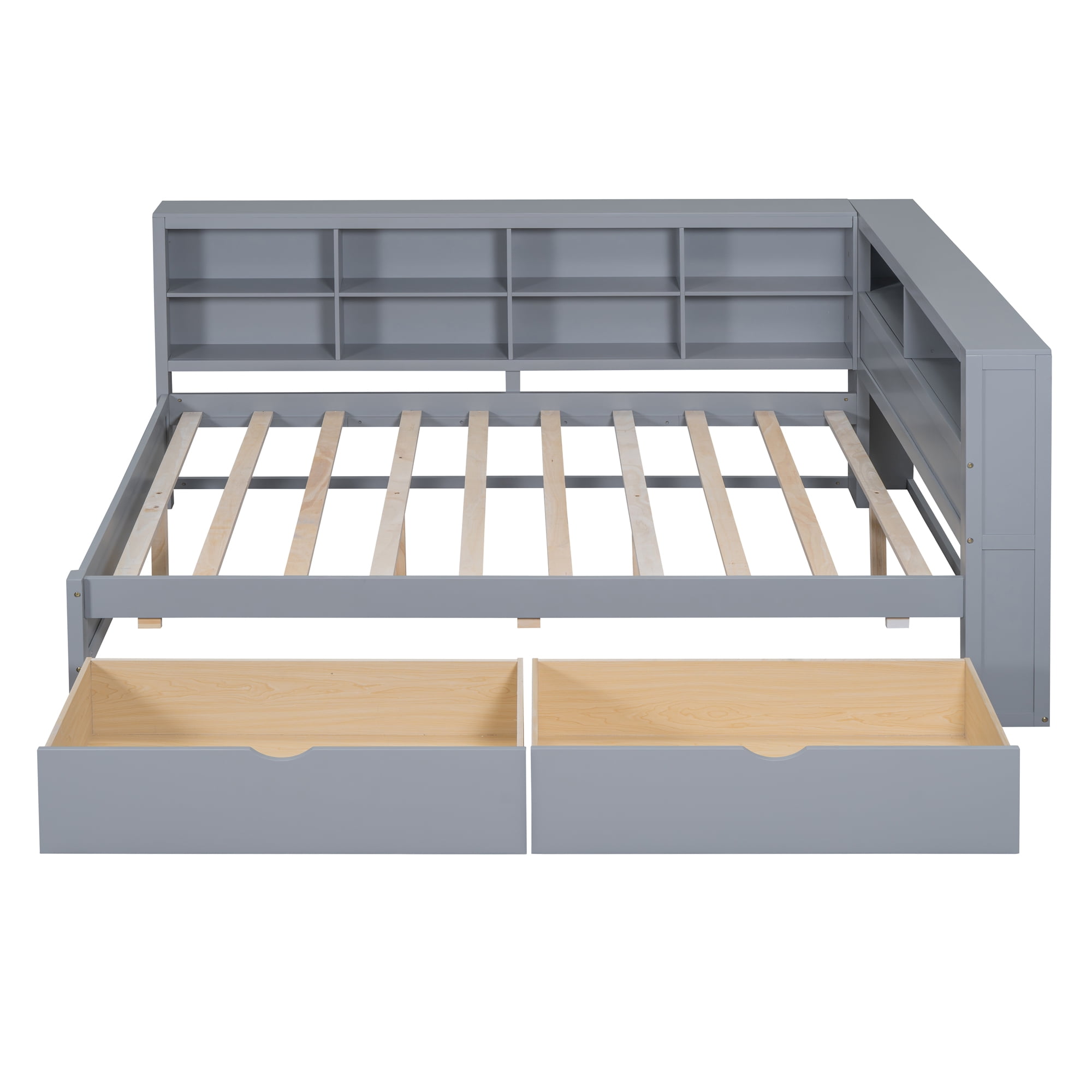 Mintazer Full Daybed with Storage Headboard & Charging Station, 2 Drawers & Shelves, Wood Bed Frame for Kids Bedroom, Grey