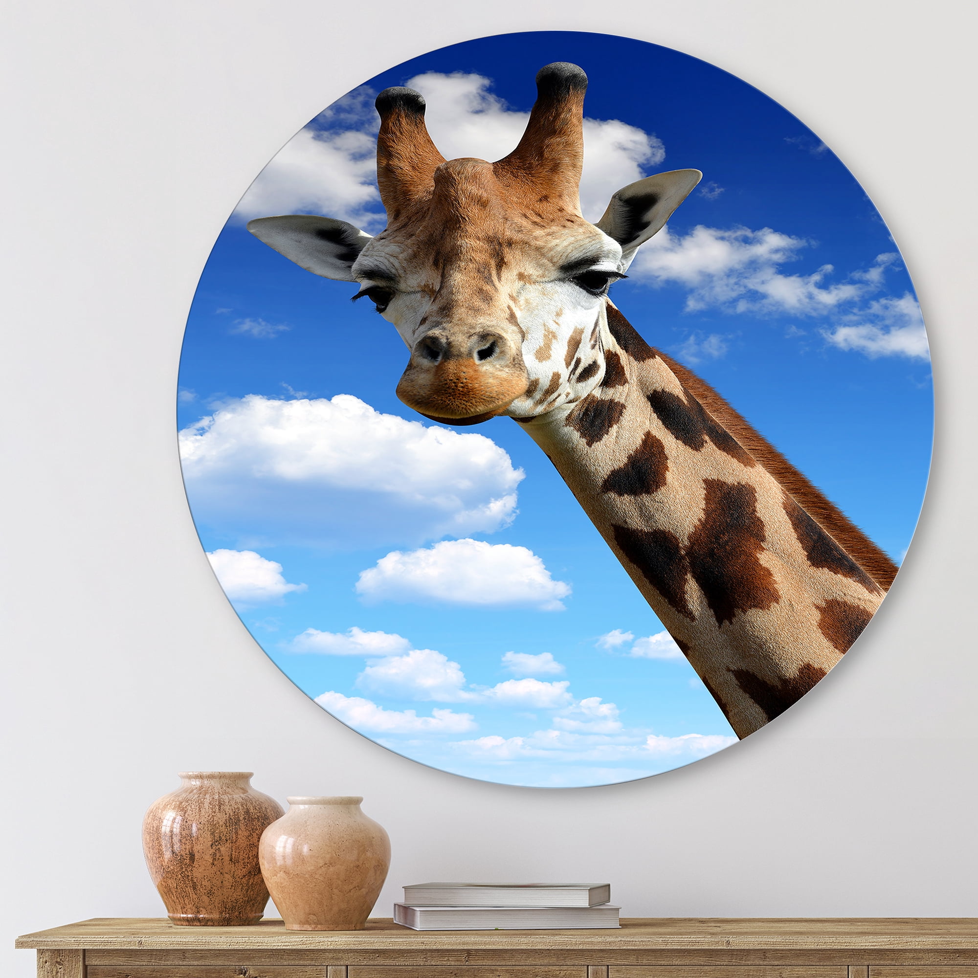 Designart 'A Giraffe On A Blue Sky Portrait' Farmhouse Circle Metal Wall Art 11x11 - Disc of 11