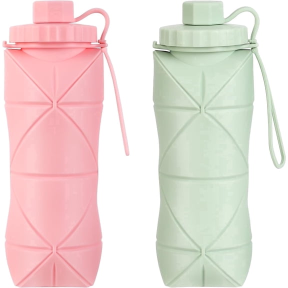 2Pcs Collapsible Silicone Travel Water Bottle 20oz (600ml) Reuseable Leakproof Foldable Sports Bottle with Carrying Strap Pink Green