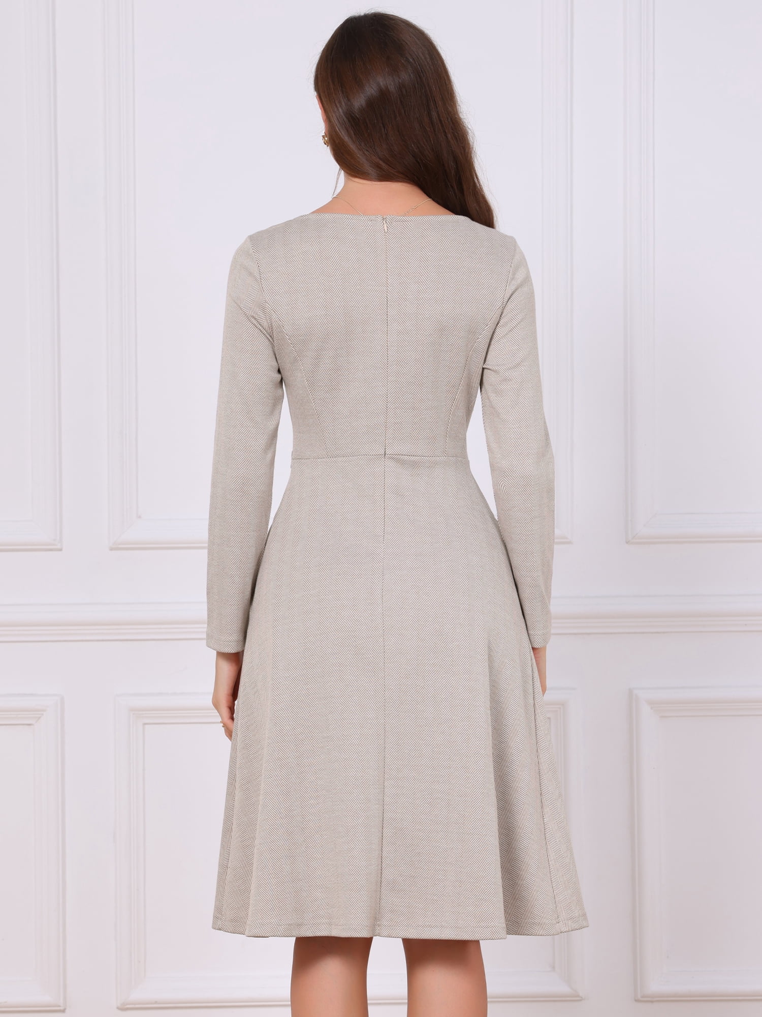 DARING DIVA Women's Work Dresses Boat Neck Long Sleeve A-Line Dress S Taupe