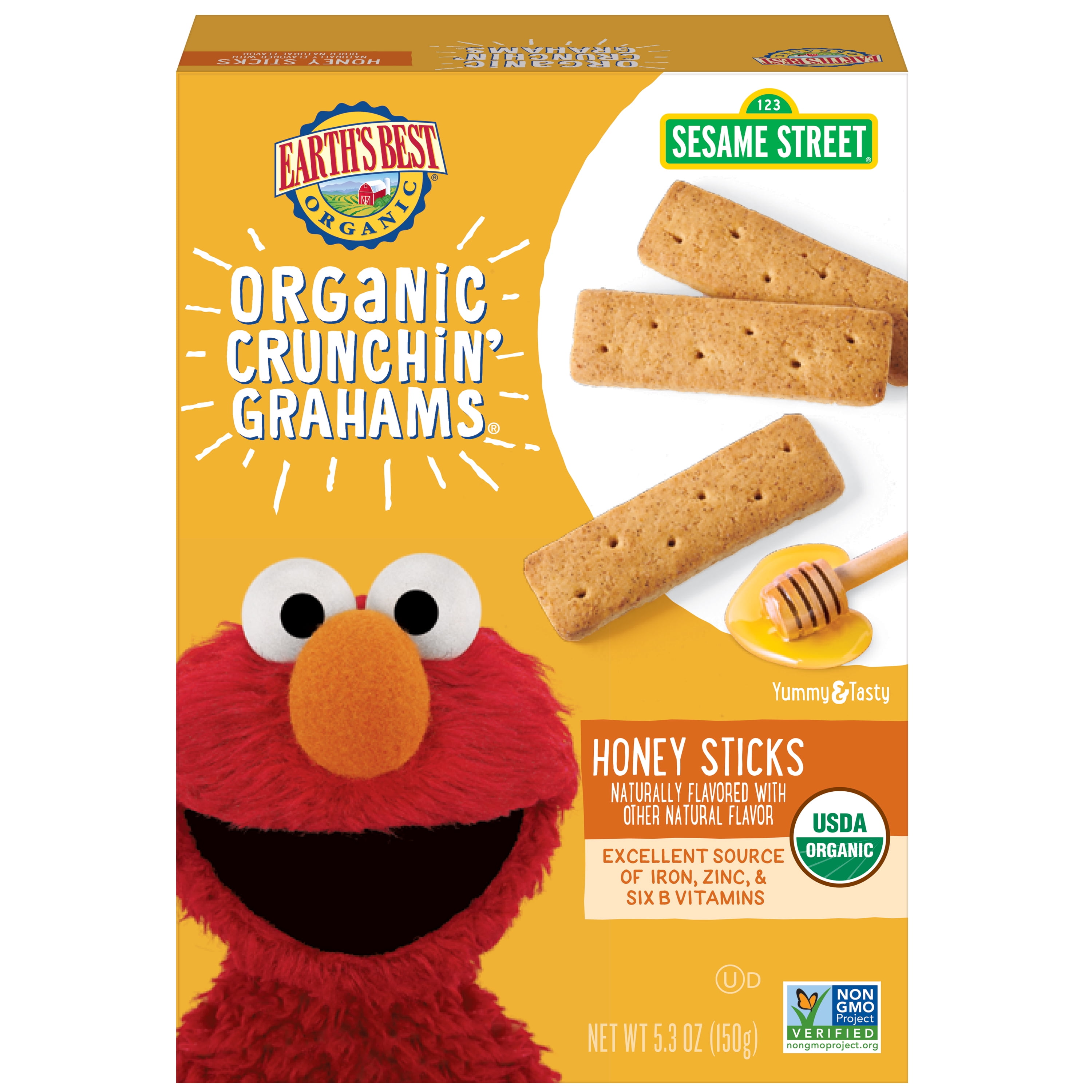 Earth's Best Organic Sesame Street Toddler Crunchin' Grahams, Honey Sticks, 5.3 oz. Box