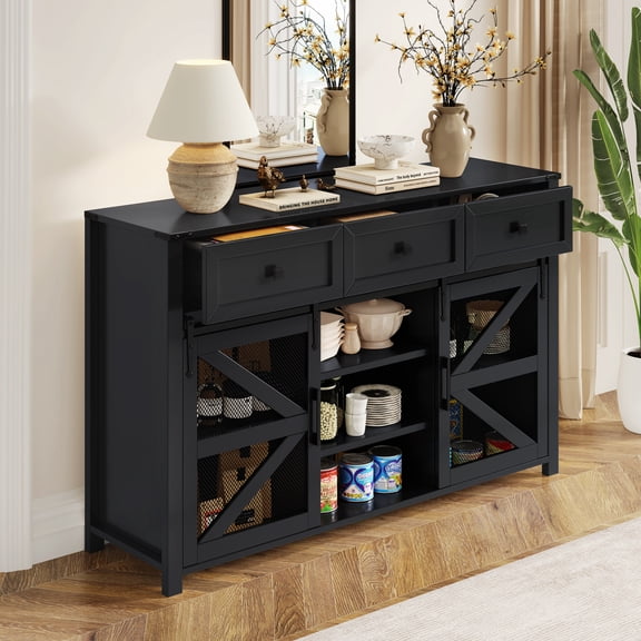55" Sideboard Buffet Cabinet with 3 Drawers, Farmhouse Buffet Storage Cabinet with Sliding Barn Doors, Coffee Bar Cabinet Credenza for Living Room, Black