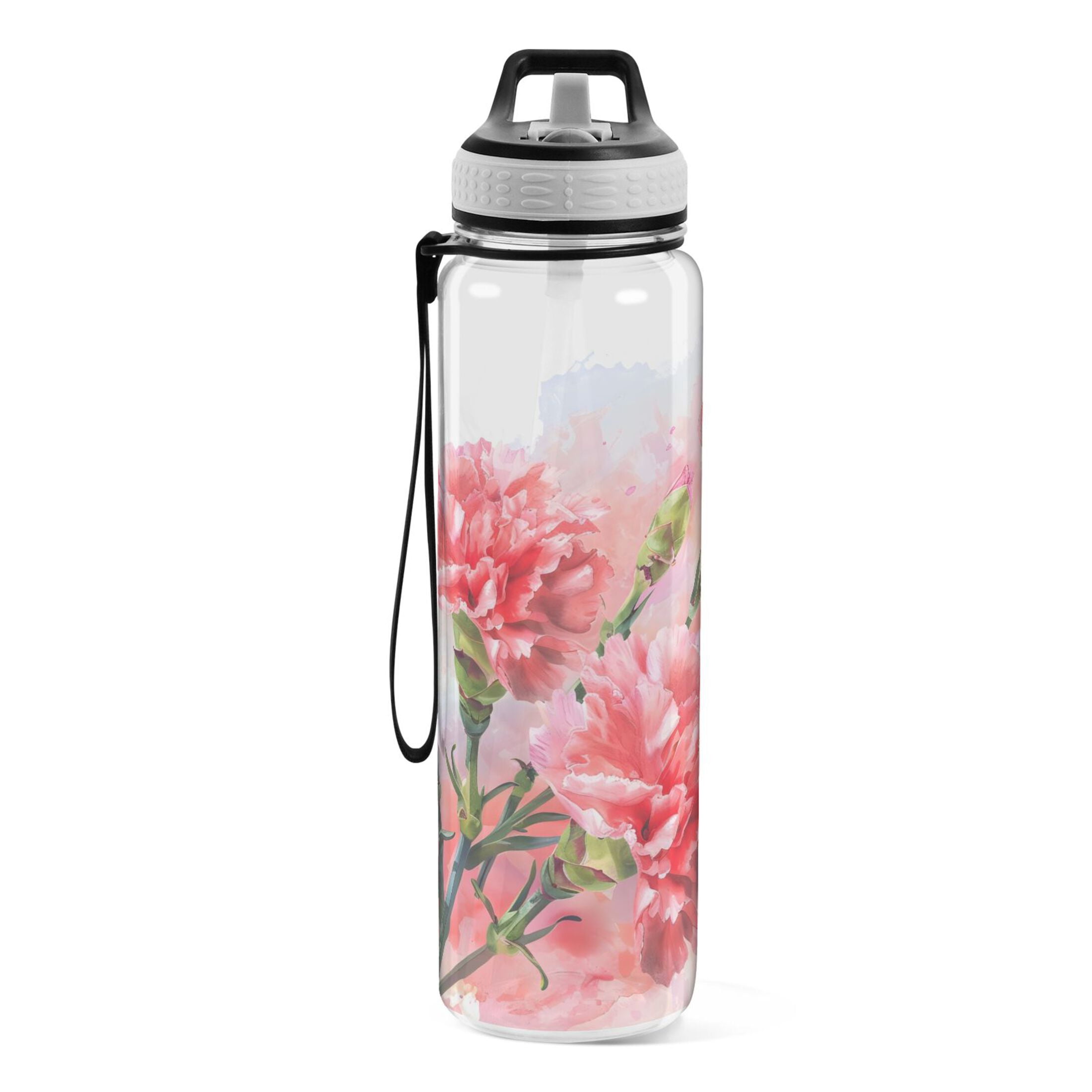Painting Flowers Carnation Sports Water Bottle Portable Travel Mug 32oz BPA Free Leak Proof Straw Transparent Tritan for Gym Yoga Cycling Camping