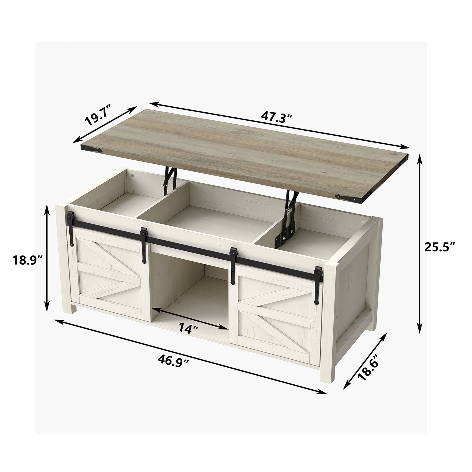 Furnihold 47.3''Lift Top Coffee Table, Farmhouse Center Table with Large Storage & Sliding Barn Doors, Modern Rectangular White Cocktail Table for Living Room, Grey Top
