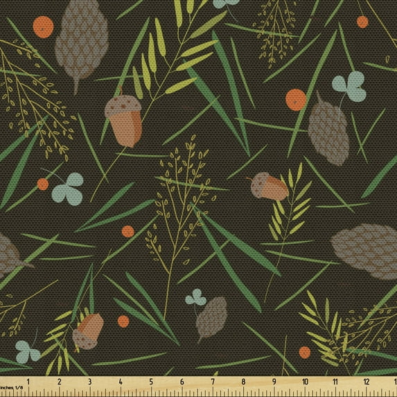 Acorn Fabric by the Yard, Forest Cones Fir Needles and Leaves on Brown Toned Background Digital Illustration, Decorative Upholstery Fabric for Chairs & Home Accents, 10 Yards, Multicolor by Ambesonne