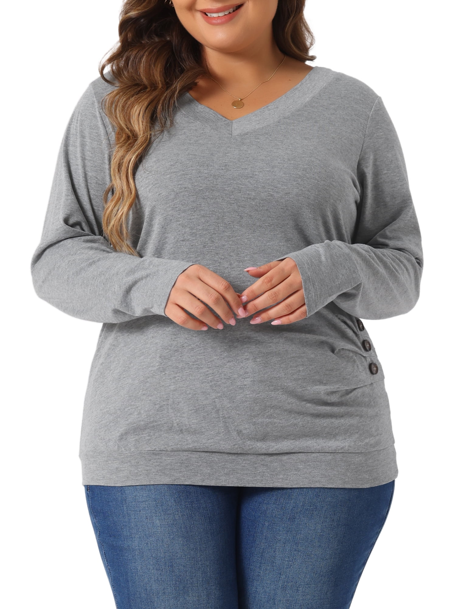 DARING DIVA Women's Plus Buttons Decor Ruched Casual Blouses 3X Grey