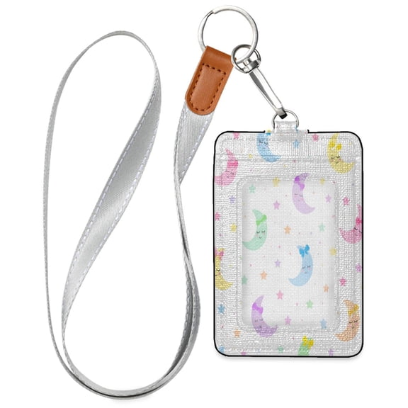 PU Leather Badge Holder Lightweight ID Card Holder with Window Pocket Cute Moon and Star Pattern