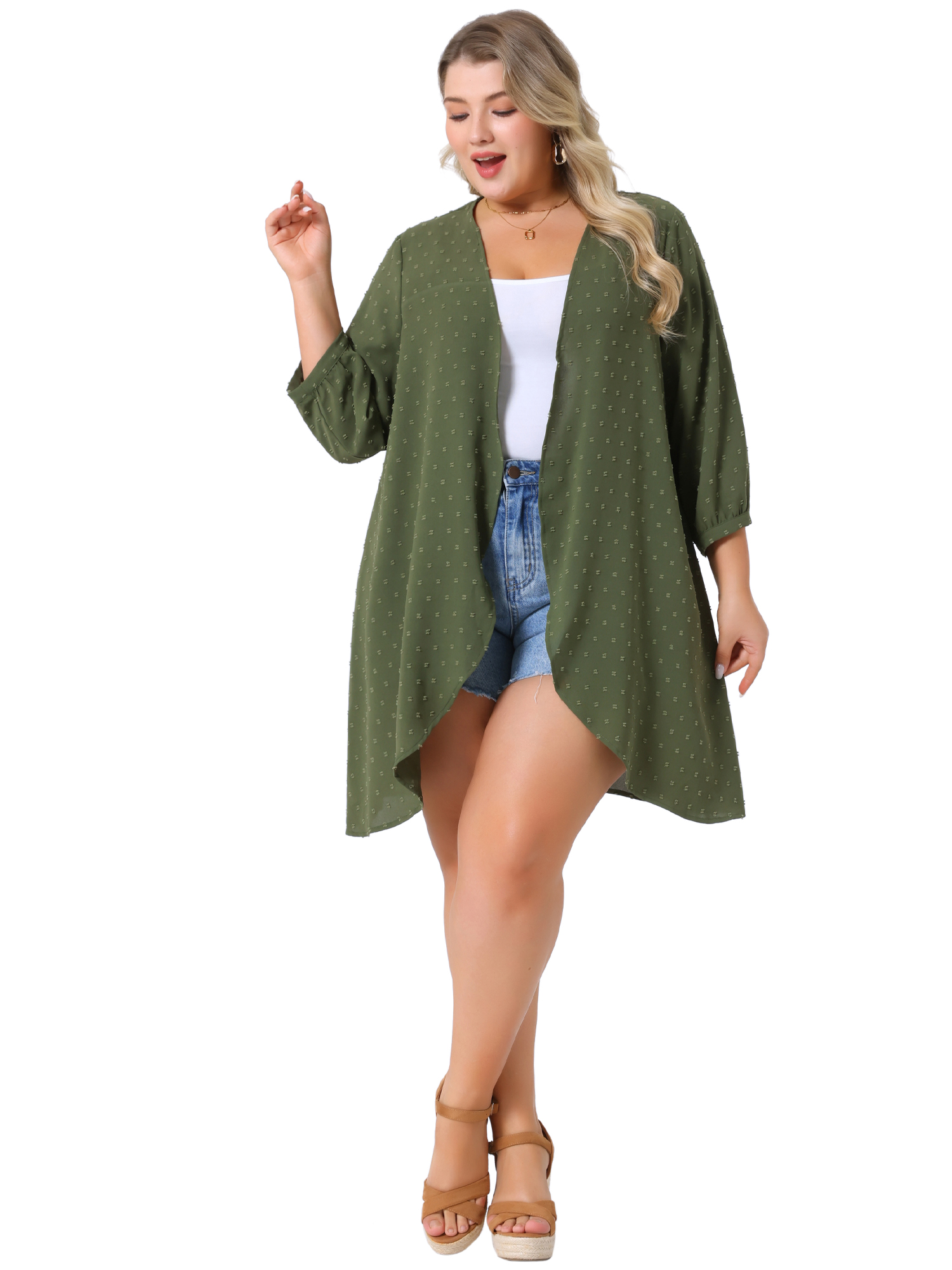 DARING DIVA Plus Size 3/4 Sleeve Swiss Dots Cover Up Cardigan 3X Army Green