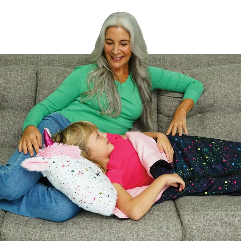 Happy Nappers Pillow & Sleepy Sack- Comfy, Cozy, Compact, Super Soft, Warm,  All Season, Sleeping Bag with Pillow- Shimmer Unicorn