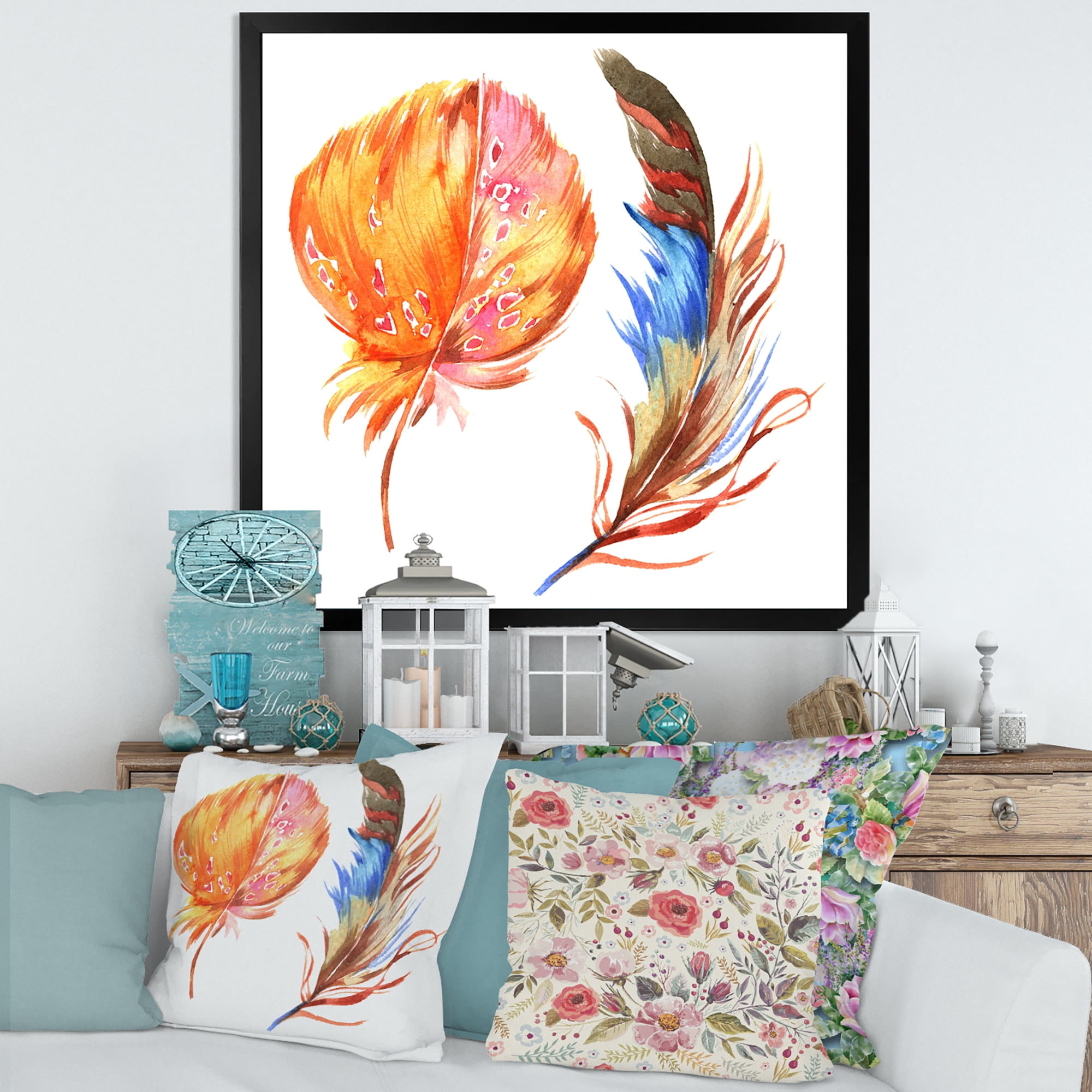 Designart 'Ethnic Brown and Colorful Feather ' Bohemian & Eclectic Framed Art Print