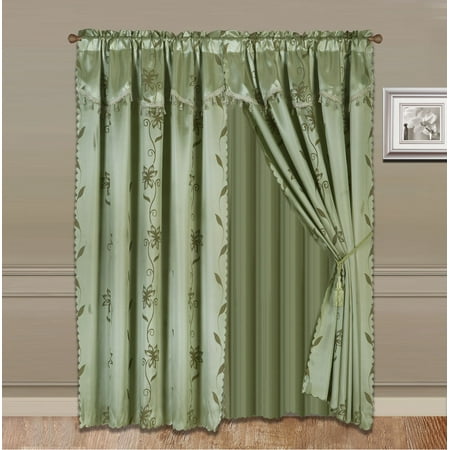 Silk Elements Inc NADA SAGE GREEN COMPLETE WINDOW CURTAIN SET 2 panels faux silk LEAF FLORAL 2 PANEL solid SHEER 2 attached VALANCE 2 TASSEL THICK HEAVY WINDOW CURTAIN drape 63