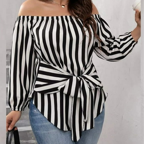 AOOCHASLIY Women Fall Tops Women's Stripe Print Long Sleeves Off Shoulder Casual Blouse