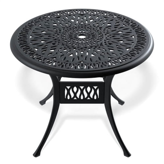 Auto Beyond 35.43 Inch Outdoor Dining Table, Round Cast Aluminum Patio Dining Table with Umbrella Hole, Weather-Resistant Patio Bistro Table for Backyard, Garden, Poolside