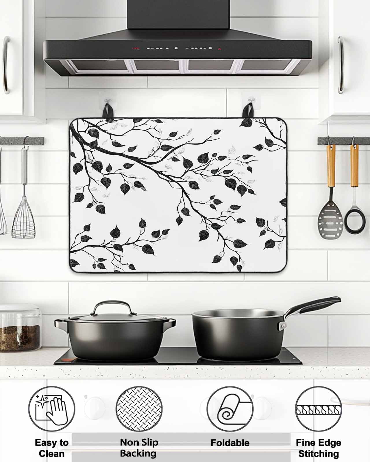 Stove Top Covers for Electric Stove, Black Botanical Glass Stovetop Cover Protector, Watercolor Summer Botanical Induction Cooktop Protector Oven Mat for Kitchen Countertop 24"x21"