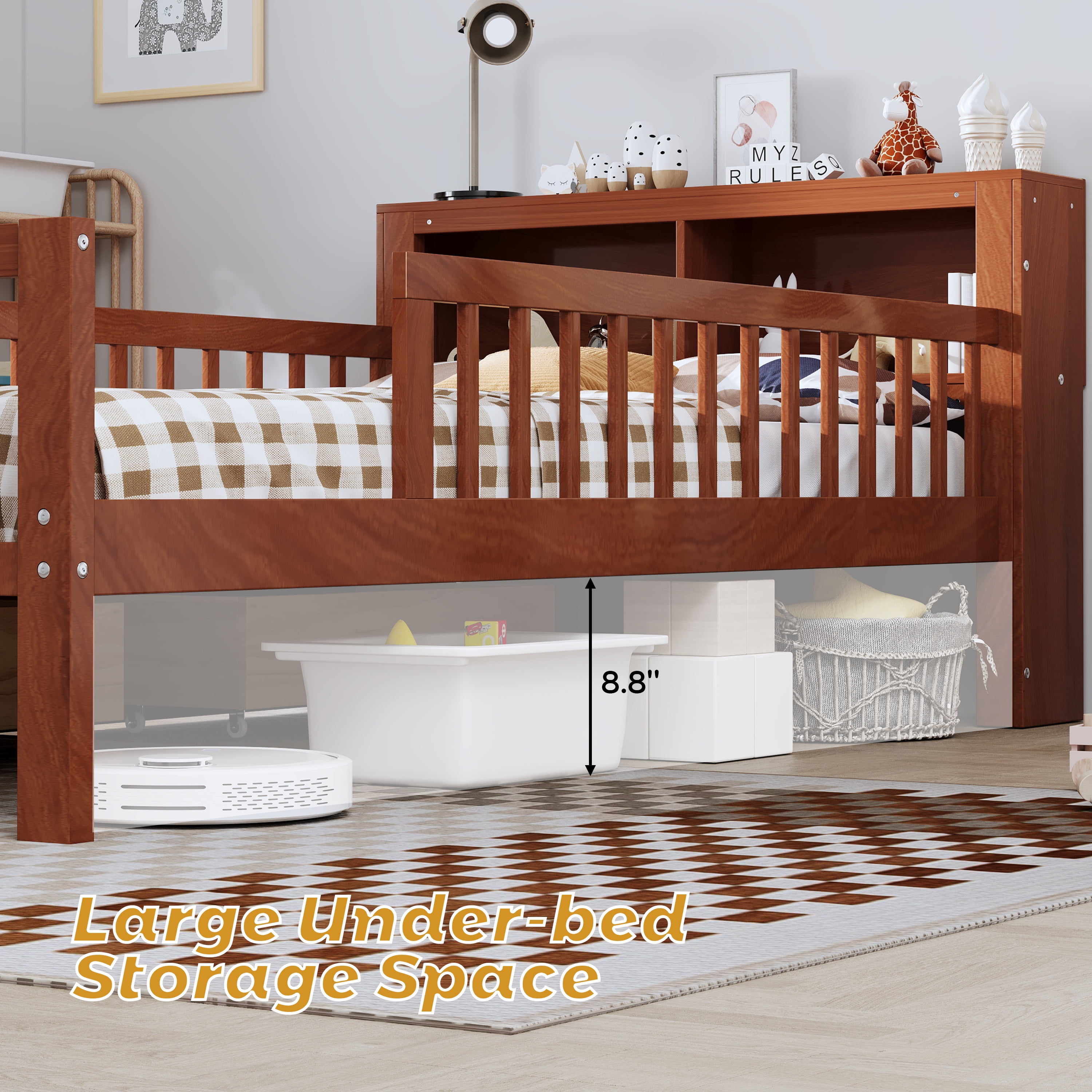 Twin Bed Frame for Kids, SHINPT Twin Size Bed Frame with Headboard Storage Rack, Storage Bed Frame with Two Under-Bed Drawers, Bed for Kids with three-Side Guardrails, White, Pink, Gray, Walnut