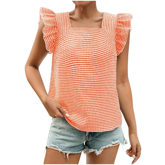 Staron Women's Plaid Ruffled Square Neck Short Sleeve Pullover Top Casual Fashion Loose Comfy Blouse, Orange L