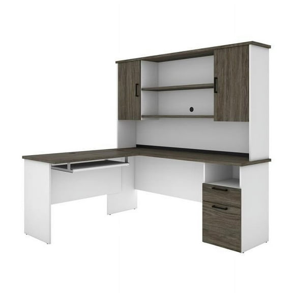 Bestar Norma L Shaped Computer Desk with Hutch in Walnut Gray and White