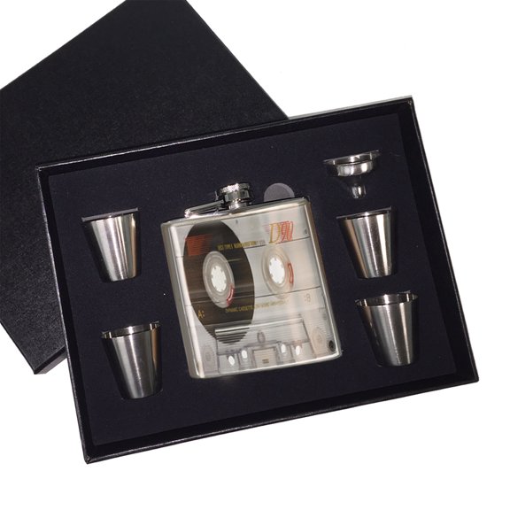 KuzmarK 6 oz. Stainless Steel Flask Set in Black Presentation Box -  Old School Cassette Tape