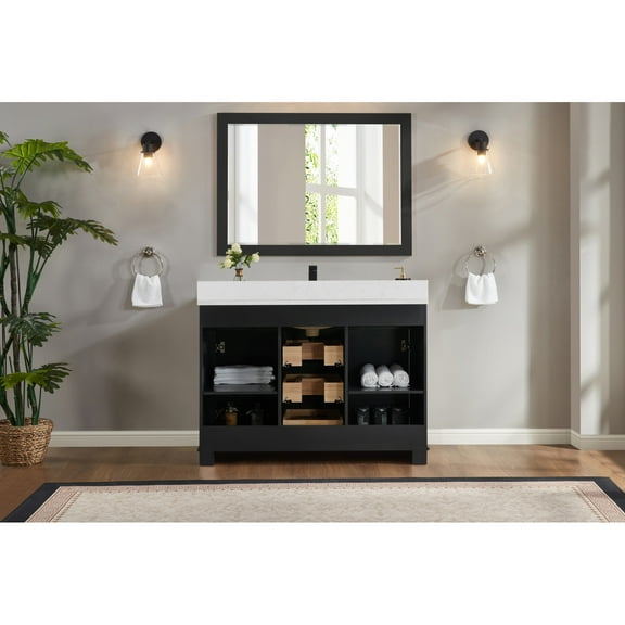 Legion Furniture 48" TRICORN BLACK FINISH SOLID WOOD SINK VANITY  WITH 1' ARTIFICIAL STONE TOP