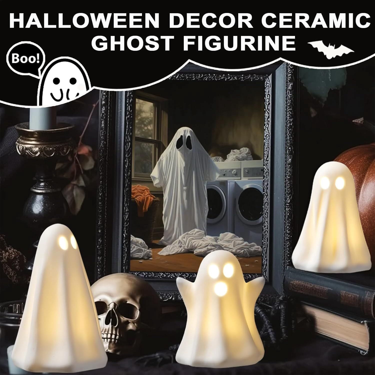 Light Up Ceramic Ghost Decorations with Timer for Halloween Indoor Display