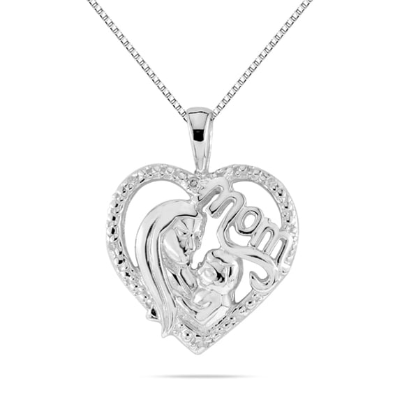 Mauli Jewels Engagement Necklace for Women 0.03 Carat Diamond Heart Mom Pendant Prong 10K White Gold With 18'' White Rhodium Plated Silver Chain|Silver Chain