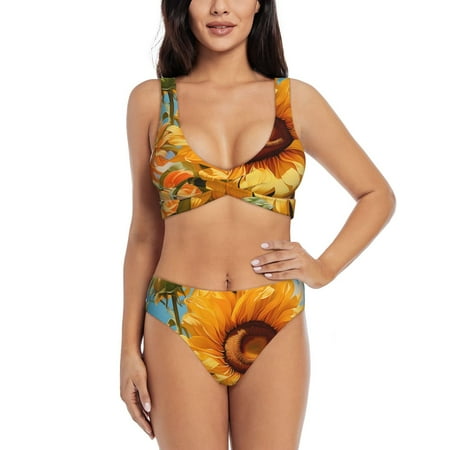 Zeuib Sunflower Blue Sky High Waisted Tummy Control Bikini Set - Knot Front Push Up Top & Cheeky Thong Bottom  Two-Piece Swimsuit for Women-X-Large