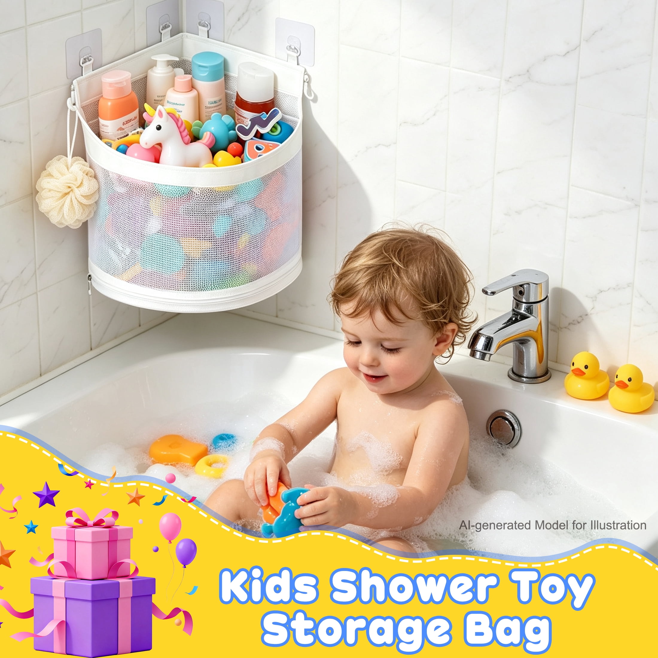 Corner Mesh Bath Toy Storage Caddy with Adhesive Hooks, Quick Dry Hanging Bathtub Toy Organizer Basket, Space Saving Triangle Shower Toy Holder for Kids