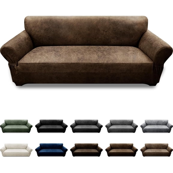 Couch Cover Leather Look 3 Seater Couch Sofa Cover 1-Piece Sofa Slipcover Stretch Furniture Protector with Elastic Bottom & Pockets(Sofa, Brown)