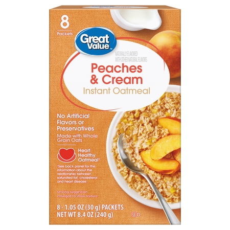 Great Value Instant Oatmeal, Peaches & Cream Flavor, 1.05 oz Packets, 8 Count