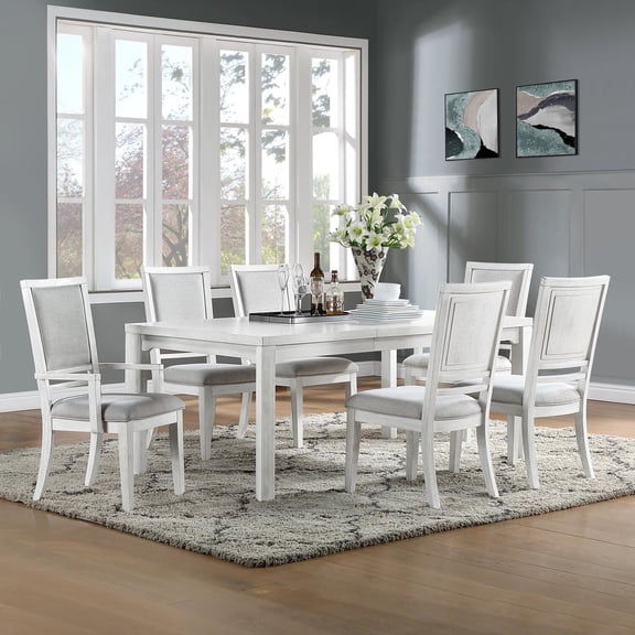 Dover 60-78-96" Rectangle Expandable Dining Table Set w Armchairs in White Wood