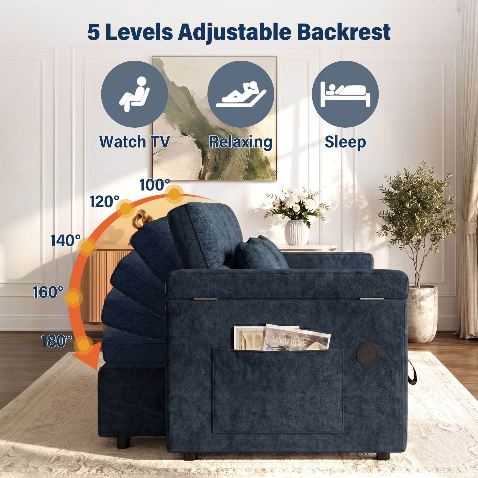 Aukfa 65" 3-in-1 Convertible Sofa Bed with Side Table, Chenille Sleeper Couch with Storage Armrest & 6-Position Adjustable Backrest,Blue