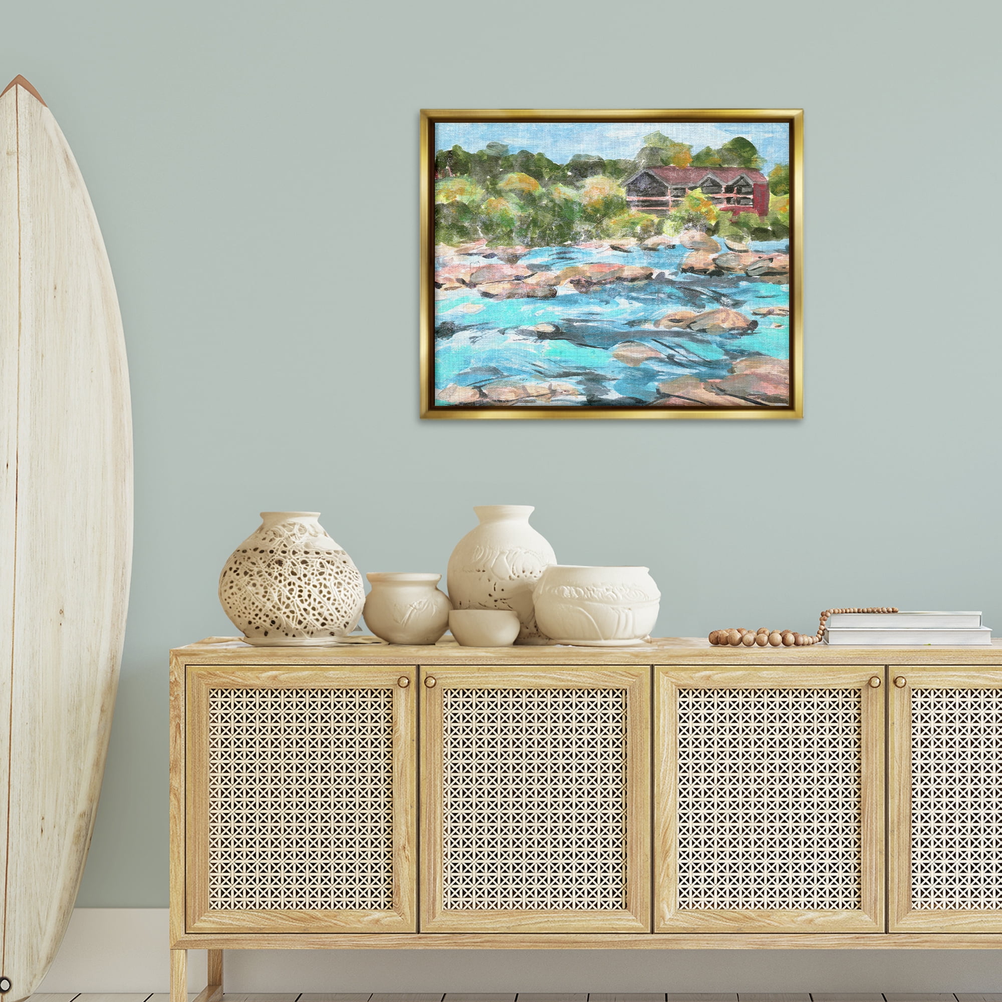 Stupell Industries Rocky River Landscape Landscape Painting Gold Floater Framed Canvas Art Print Wall Art, 31 x 25