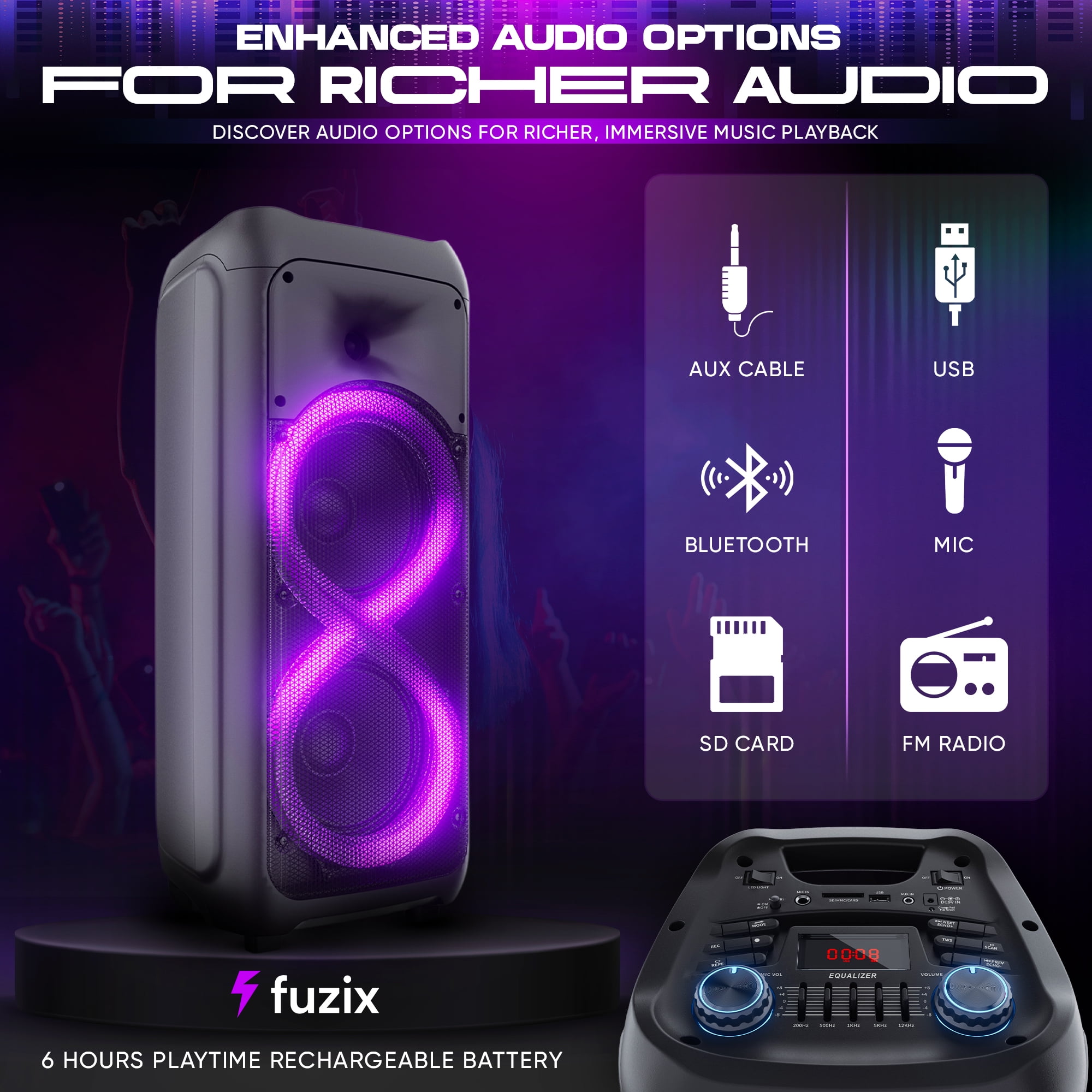 Sync Portable Rechargeable Karaoke Bluetooth Wireless Audio Speaker by Fuzix - With Built-in FM Radio, SD Input, USB Port, LED Lights, Mic and Remote Control Card