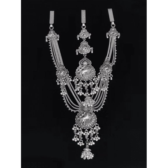 Antique Silver-Tone Kamar Bandh with Double Peacock Design and Hanging Charms