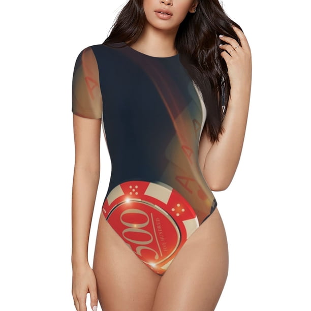 Balery Casino Poker Chips Body de cuello redondo de manga corta para mujer Tops de manga corta Tops básicos-Medium