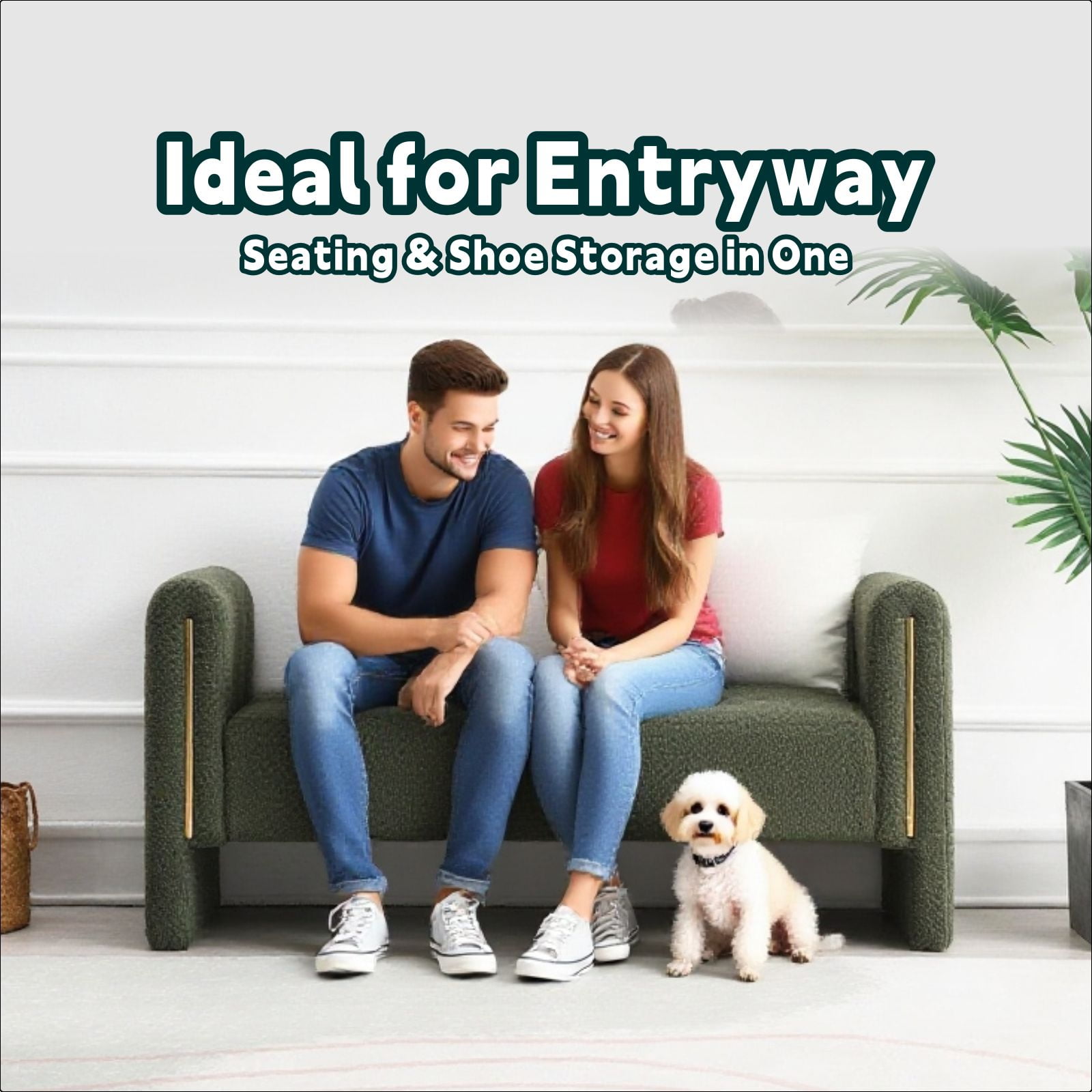 QianYueLUX 52" Storage Ottoman Bench with Armrests, Green Teddy Fabric, 250lbs Capacity, Multi-Functional Footrest for Bedroom & Entryway
