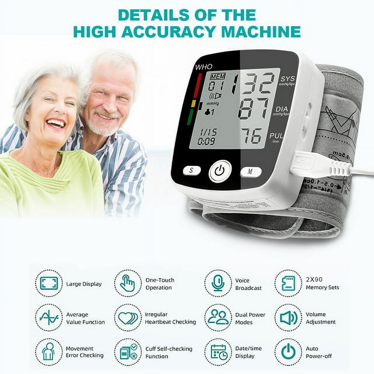 SUWU Blood Pressure Monitor, Rechargable Blood Pressure Machine Wrist with Voice Broadcast and 180 Memory for Dual User