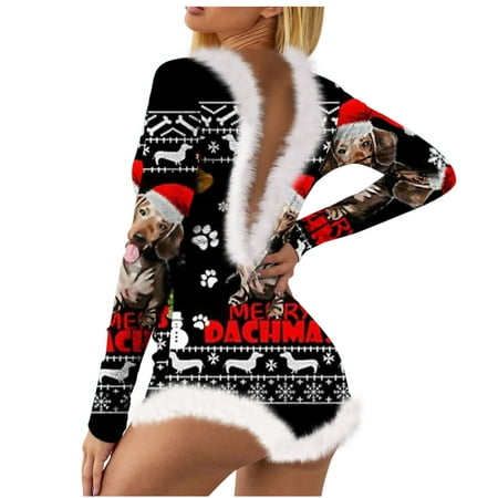 

Upgraded 2023 Gifts Women’S Christmas Not Positioned Print V-Neck Backless Feather Detail Long Sleeve Sexy Bodysuit Sexy Lingerie Pajamas