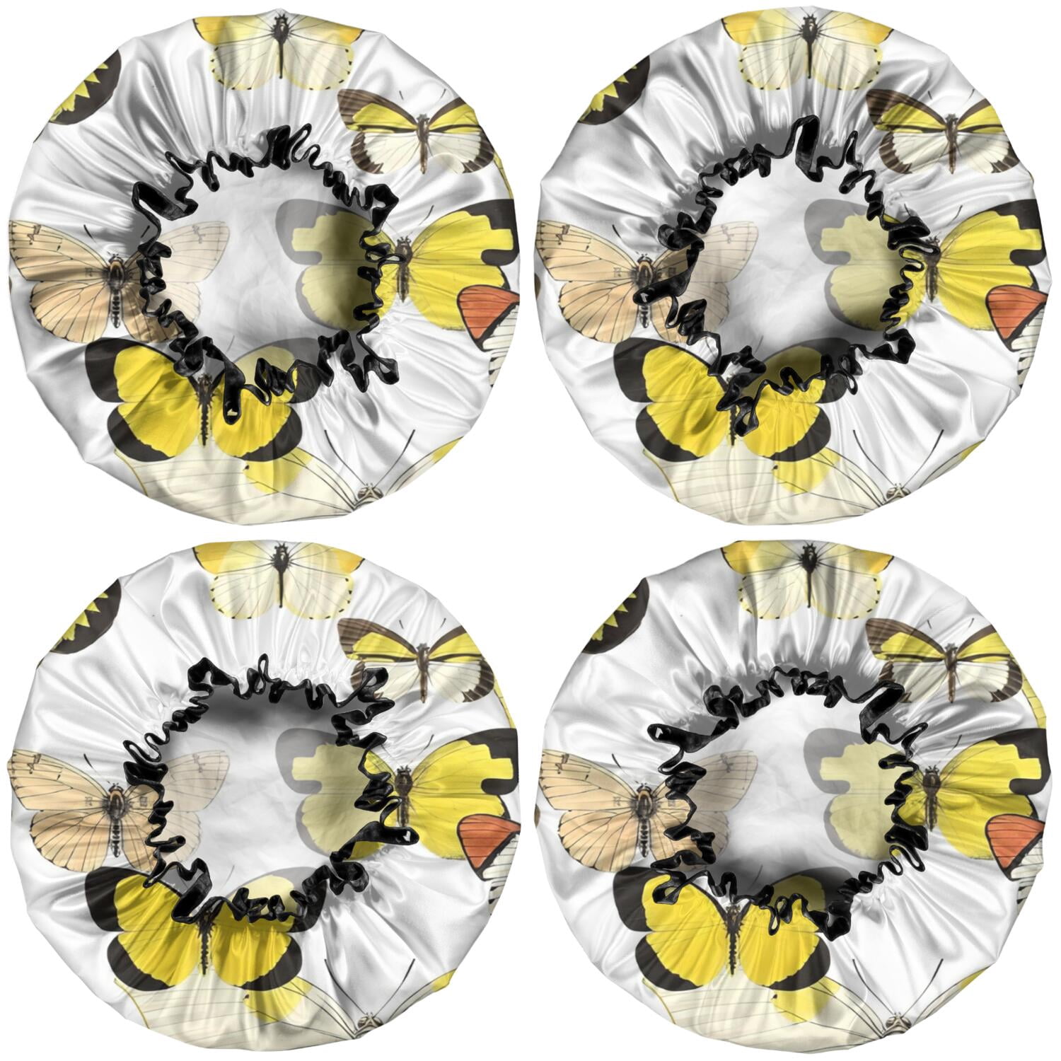 Shower Caps,Yellow Butterfly Pattern Waterproof Shower Cap for Women 4 Pieces,Double Reusable Hair Cover for Shower PEVA Elastic Stretch Hem