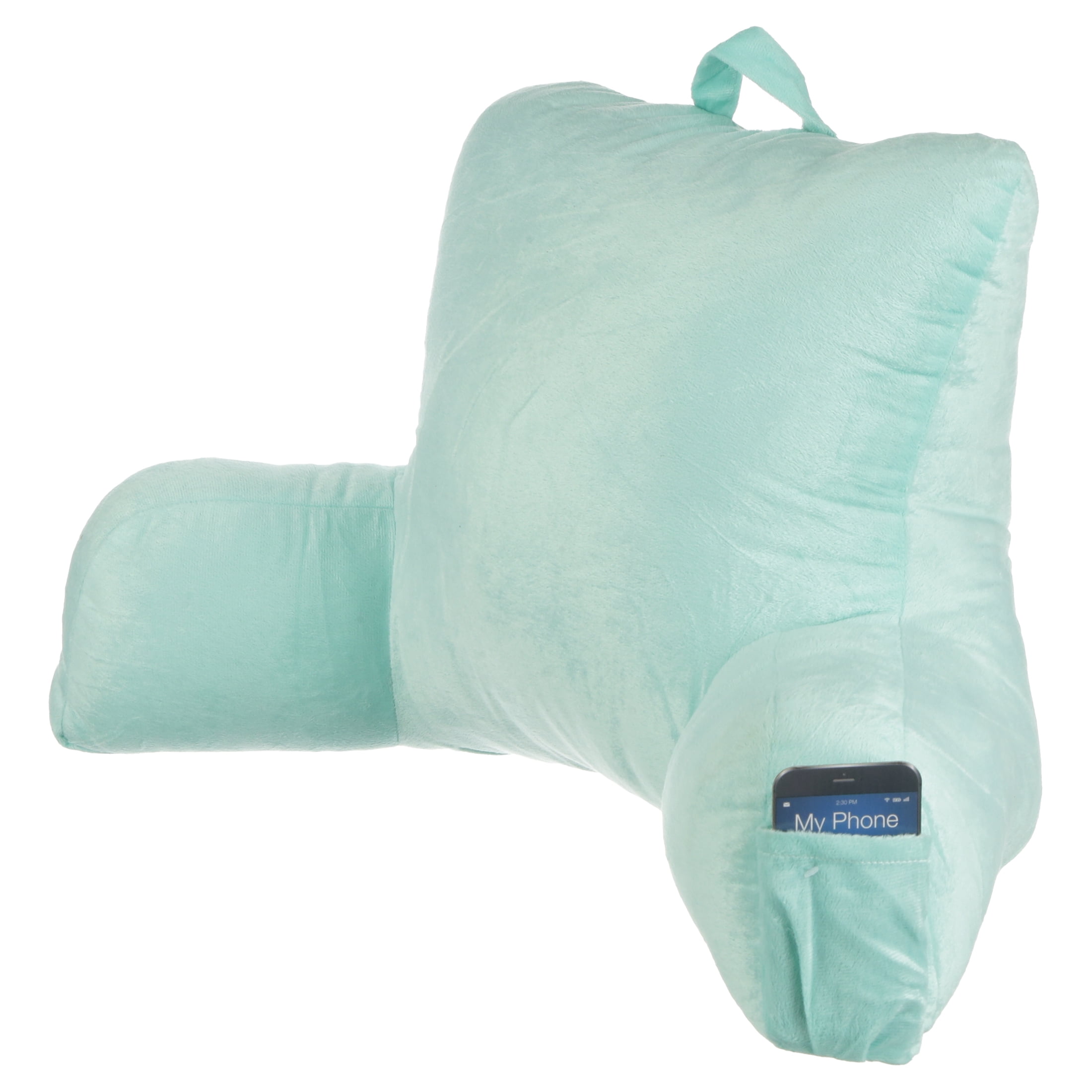 Mainstays Bed Rest Lounger Pillow -Faux Mink Fabric with Polyester Filling, 27" x 14" x 18", Solid Color Mint Green with Pocket
