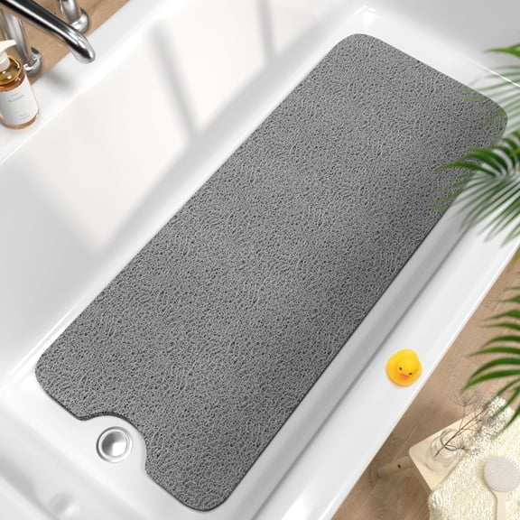 HITSLAM Non Slip Bathtub Mat 40"x 16",Extra Long Bath Mat for Tub,Soft PVC Loofah Shower Floor Mat with Drain,Quick Drying Bathroom Tub Mat for Wet Area,Without Suction Cup,Gray