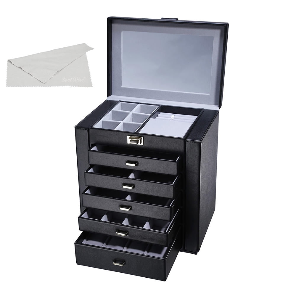 SortWise ® Large Leather Jewelry Box Table Top Jewelry Chest 6 Layers