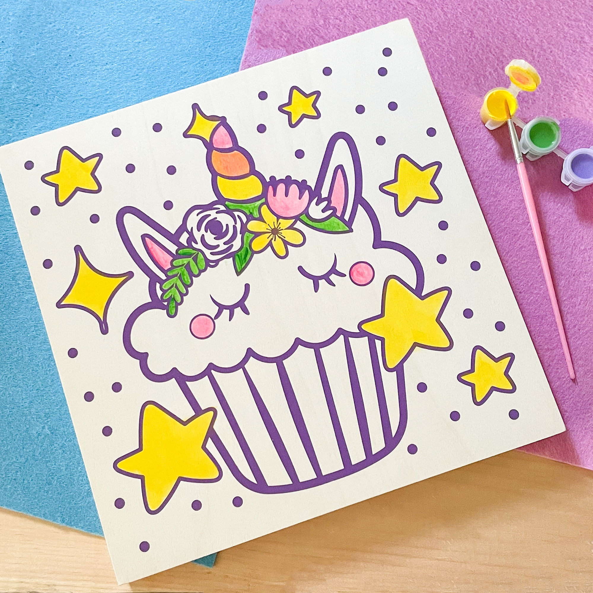 Hello Hobby Wood Art Board Painting Kit, Purple Unicorn Cupcake Design, 6 Acrylic Paints, Boys and Girls, Child, Ages 5+
