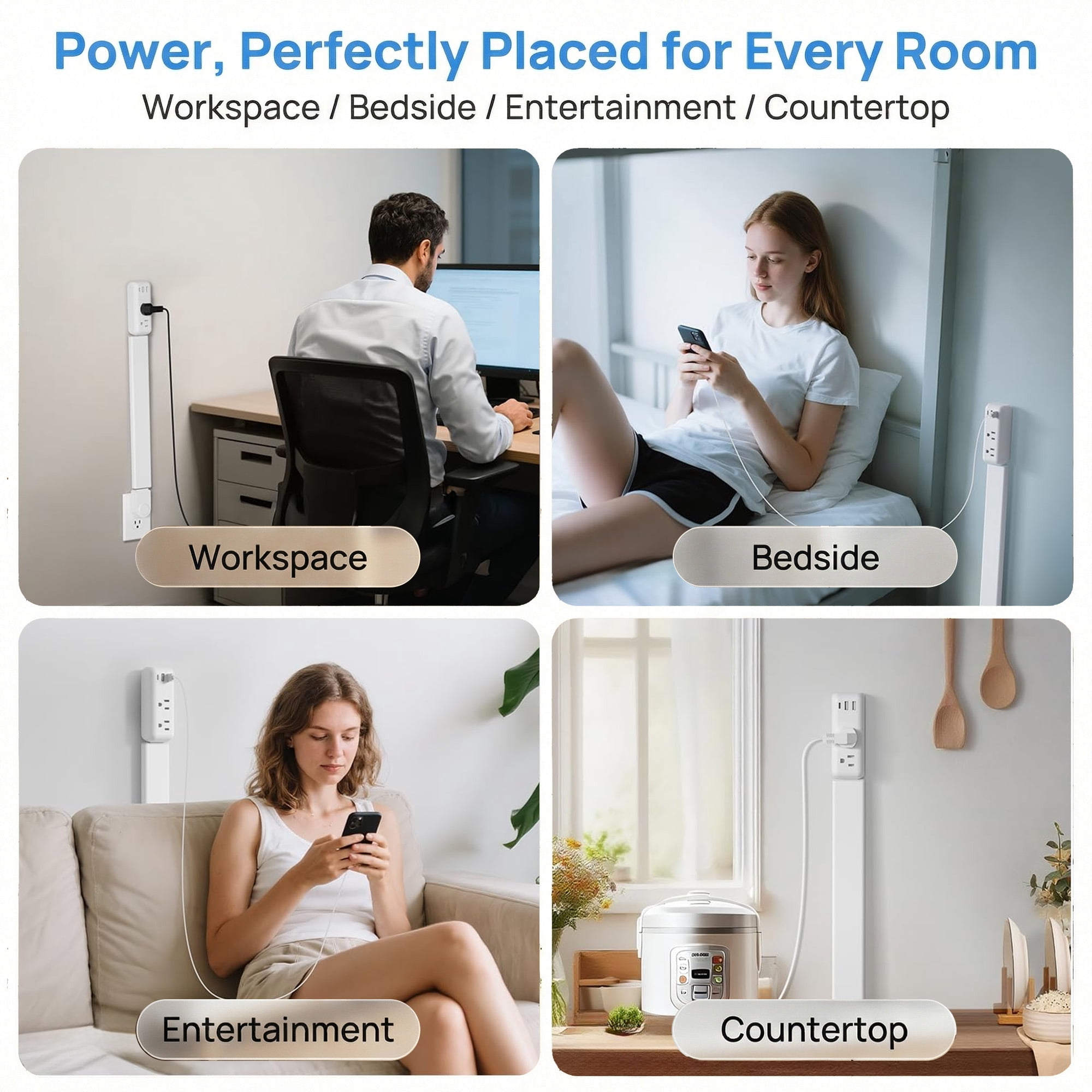 Electrical Outlet Extender Stick with 2 USB-C, 1 USB-A, and 2 AC Outlets – Adjustable 22"-34", No Assembly, Perfect for Sofas, Nightstands, and Desks