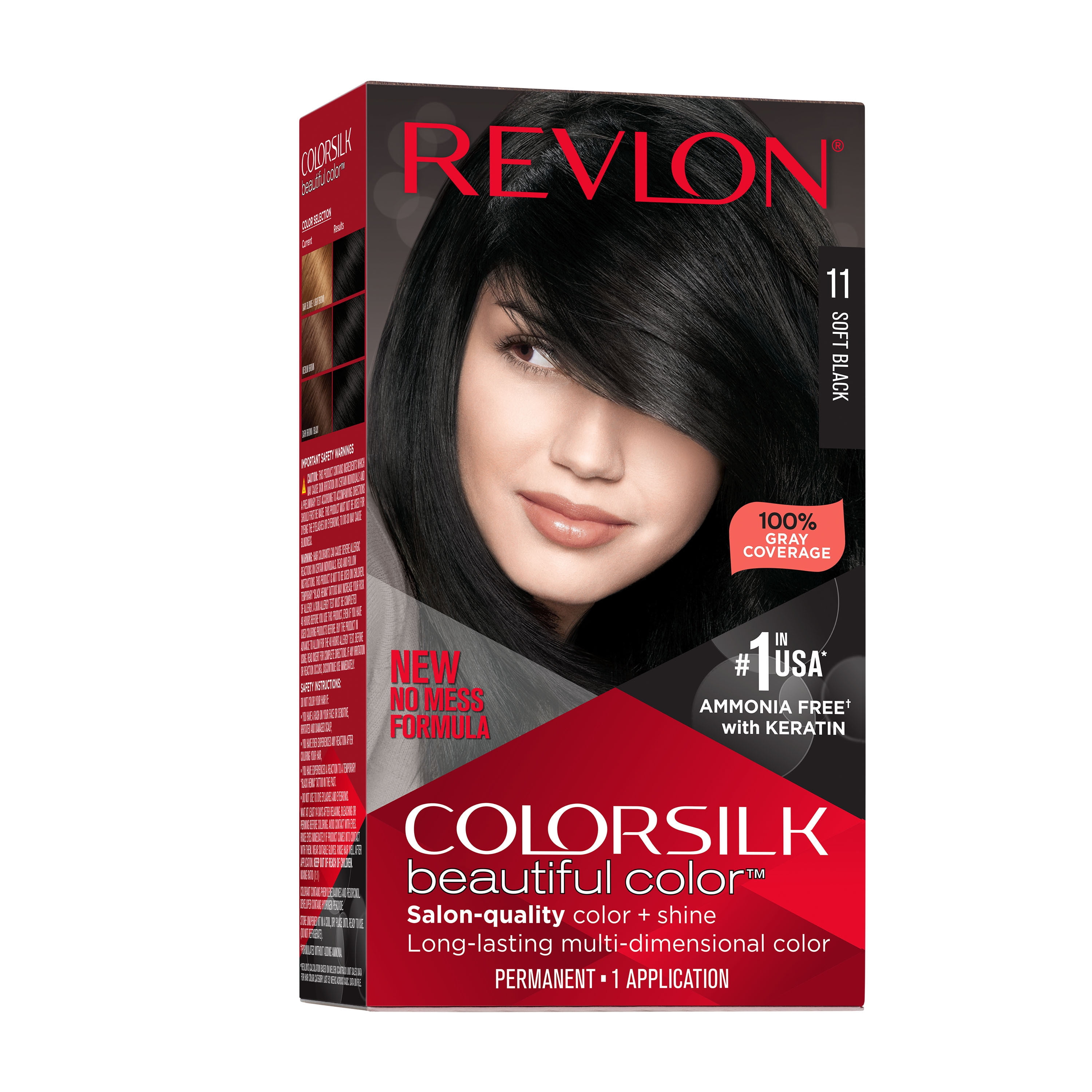 Revlon Colorsilk Beautiful Color Permanent Hair Color, Long-Lasting High-Definition Color, Shine & Silky Softness with 100% Gray Coverage, Ammonia Free, 011 Soft Black, 1 Pack