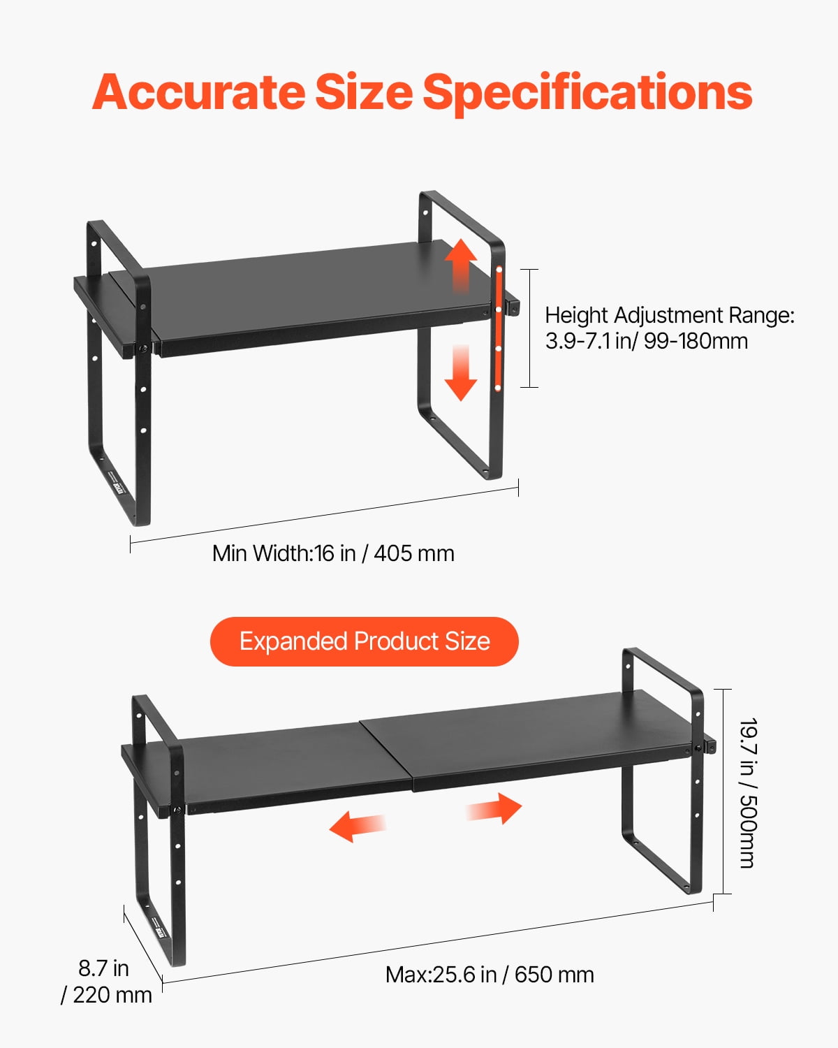VEVOR Adjustable Kitchen Cabinet Shelf Organizer, Expandable 2 Tier Cabinet Shelf, Stackable Countertop Organizers and Storage Shelf Risers, Pantry Organizers for Kitchen Bathroom Office, Black