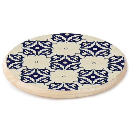 CounterArt Blue Floral Tile Pattern Wood Lazy Susan Turntable