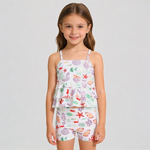 Krdevn Girls Two Piece Rash Guard Swimsuit Peplum Top Under the Sea Print Spaghetti Strap Swim Shorts UPF 50 Summer Beach Pool Swimwear,7Y
