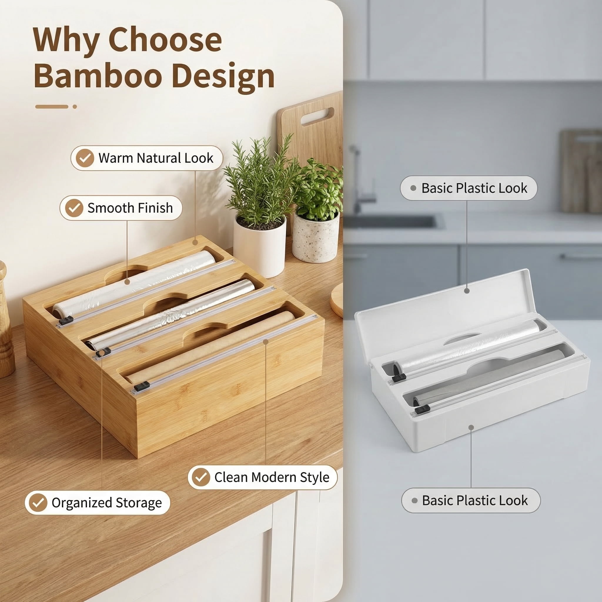 CNDRLEF 3-in-1 Bamboo Wrap Organizer with Sliding Cutters, Wall Mount or Drawer Kitchen Wrap Storage for Plastic Wrap, Aluminum Foil & Parchment Paper, Fits Up to 12.5" Rolls, Natural